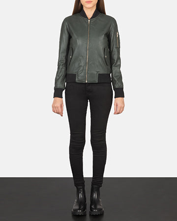Ava Ma-1 Green Leather Bomber Jacket - Lateral Side Profile View Showing Sleeve Cut & Athletic Taper Fit