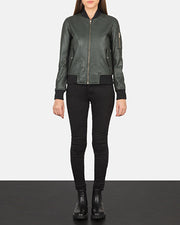 Ava Ma-1 Green Leather Bomber Jacket - Lateral Side Profile View Showing Sleeve Cut & Athletic Taper Fit