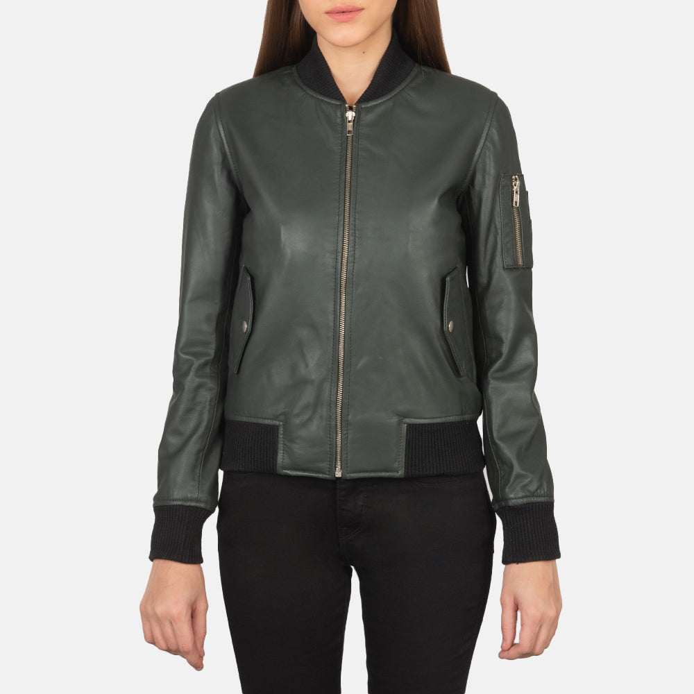 Close-Up Detail of Rib Knit & Zipper Hardware on Ava Ma-1 Green Leather Bomber Jacket