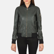 Close-Up Detail of Rib Knit & Zipper Hardware on Ava Ma-1 Green Leather Bomber Jacket