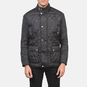 Close-Up Detail of Belted Band &amp; Button Hardware on Men's Barry Quilted Black Windbreaker Jacket