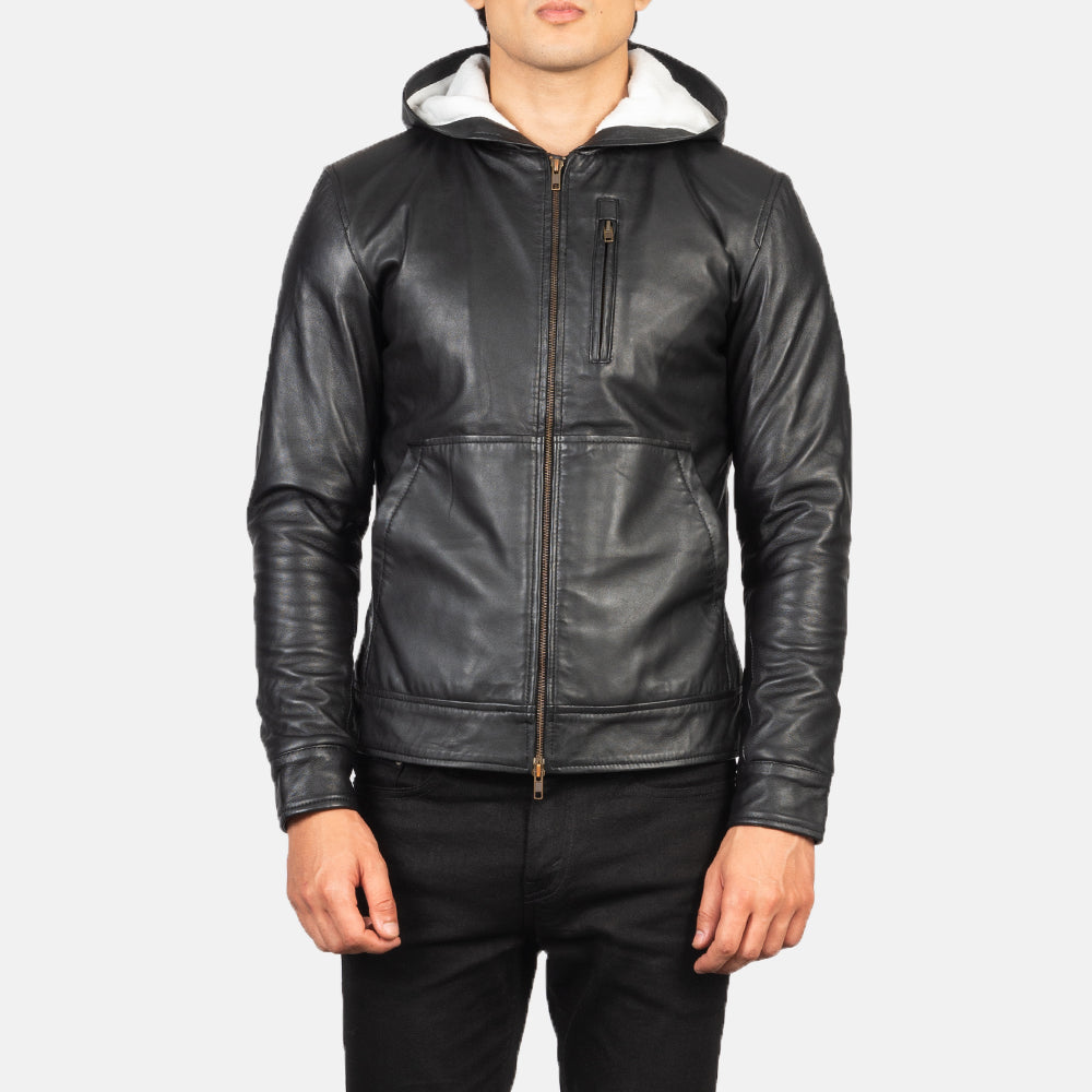 
Κοντινό πλάνο λεπτομέρειας of Hooded & Zipper Hardware on Baston Black Hooded Leather Bomber Jacket