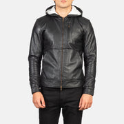 
Κοντινό πλάνο λεπτομέρειας of Hooded & Zipper Hardware on Baston Black Hooded Leather Bomber Jacket