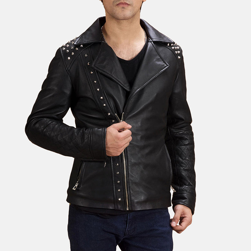 Μαύρο Studded Δερμάτινο Μπουφάν Biker Ανδρικό