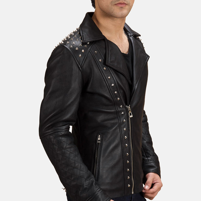 Μαύρο Studded Δερμάτινο Μπουφάν Biker Ανδρικό