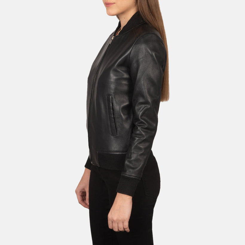 Black Sheepskin Leather Bomber Jacket - Back View Showing Tailored Shoulder Fit & Clean Hemline