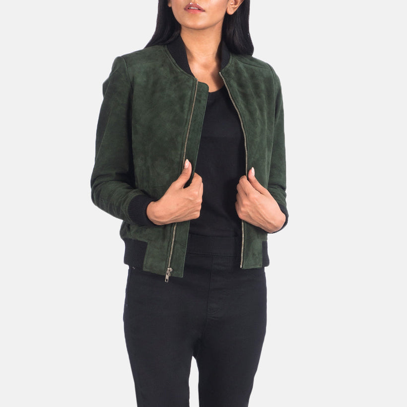 Bliss Green Suede Δερμάτινο Μπουφάν Bomber Γυναικείο