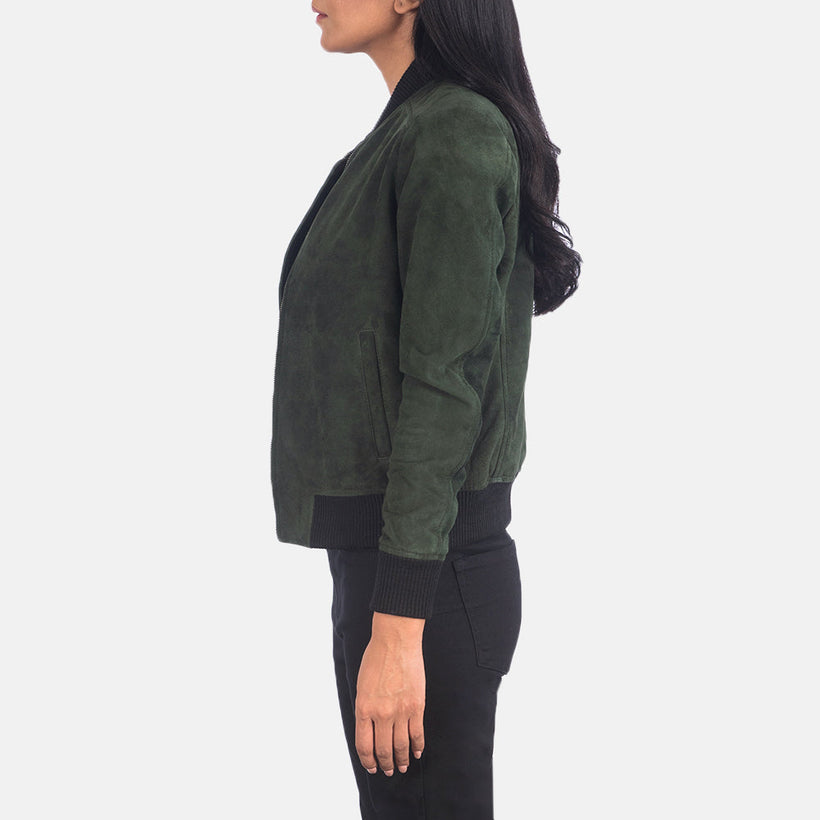 Bliss Green Suede Δερμάτινο Μπουφάν Bomber Γυναικείο