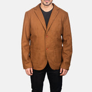Close-Up Detail of Notch &amp; Button Hardware on Men's Khaki Wool Blazer