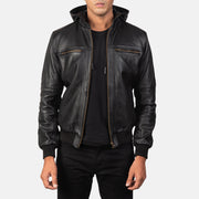 
Bouncer Biz Black Leather Hooded Bomber Jacket in Black Cowhide Leather - Μπροστινή όψη & εφαρμοστή σιλουέτα | Αγορά online