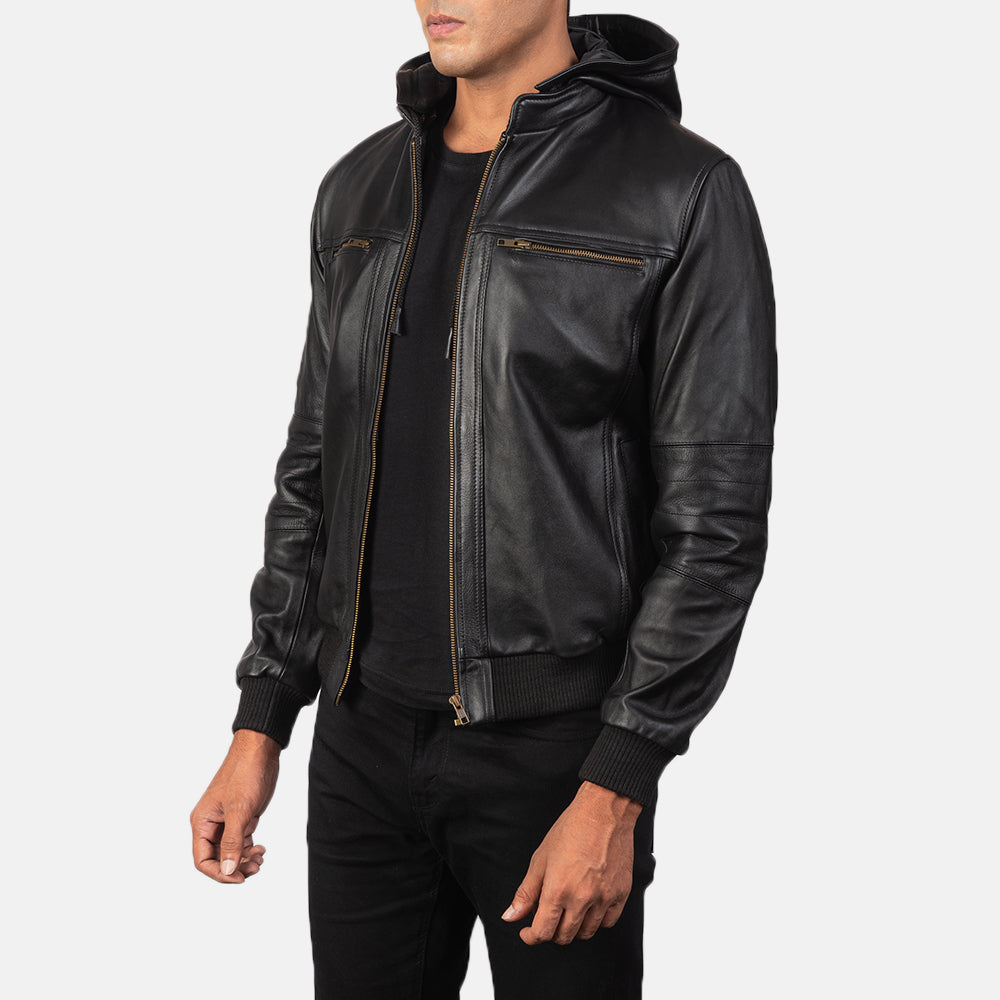 
Black Cowhide Leather Bomber Jacket - Πίσω όψη με εφαρμογή στους ώμους & καθαρό στρίφωμα