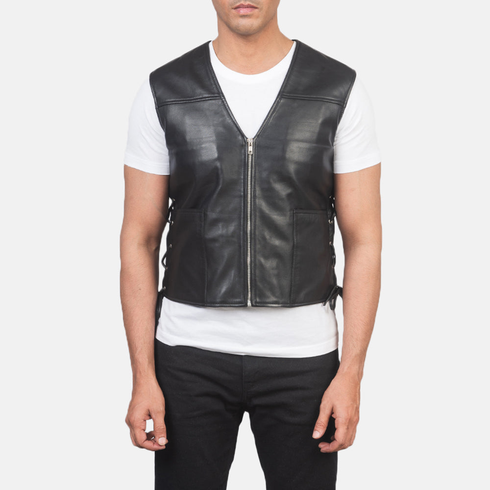 Close-Up Detail of Classic Collar &amp; Zipper Hardware on Men's Brandon Black Leather Vest