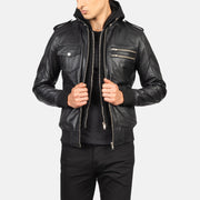 
Bravado Black Hooded Leather Bomber Jacket in Black Sheepskin Leather - Μπροστινή όψη & εφαρμοστή σιλουέτα | Αγορά online