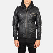 
Κοντινό πλάνο λεπτομέρειας of High Neck & Zipper Hardware on Bravado Black Hooded Leather Bomber Jacket