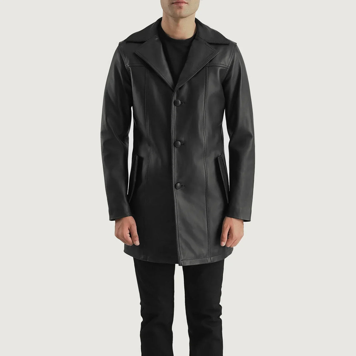 Close-Up Detail of Notch &amp; Button Hardware on Brawnton Black Leather Coat