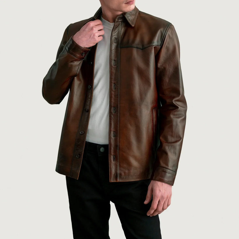 Bronco Distressed Καφέ Leather Shirt Ανδρικό