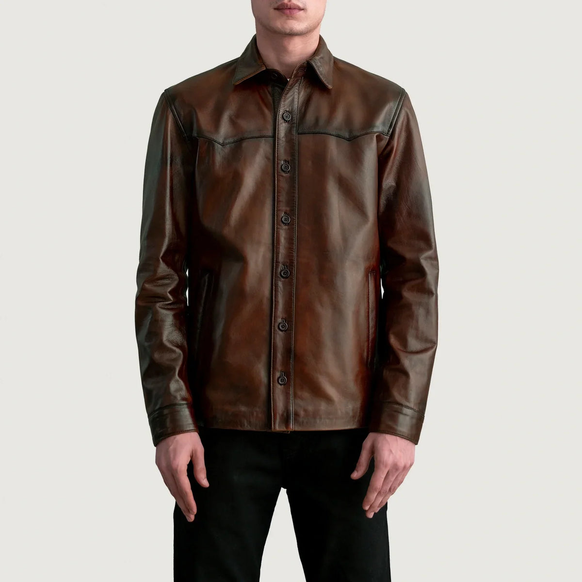 
Bronco Distressed Καφέ Leather Shirt Ανδρικό - Πλαϊνή όψη που αναδεικνύει το κόψιμο των μανικιών