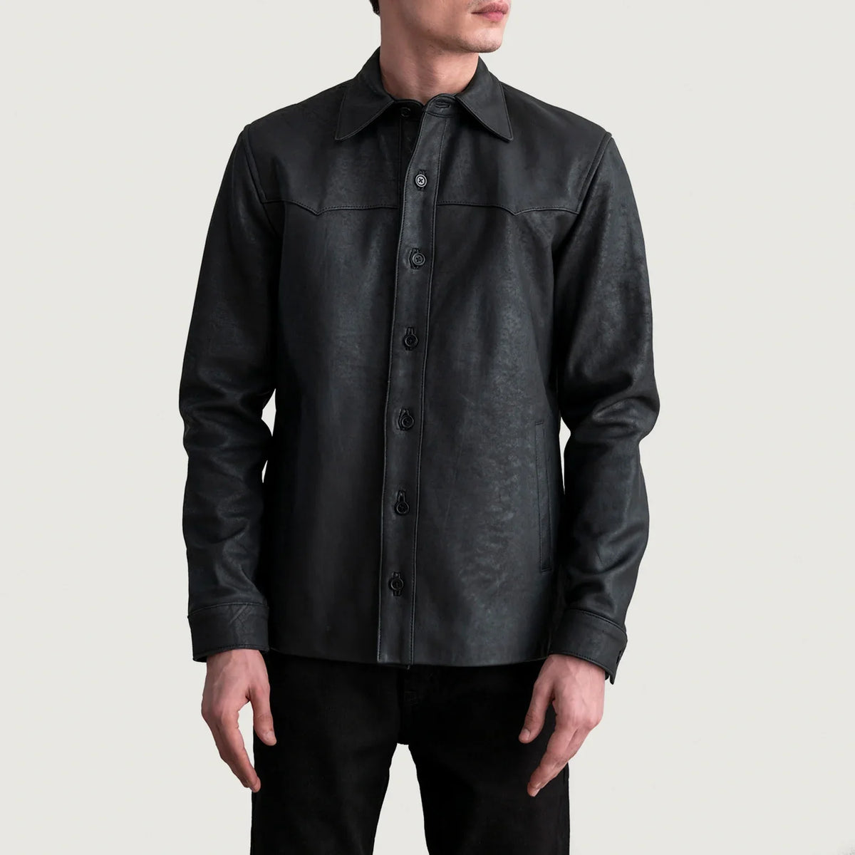 Bronco Tumbled Black Leather Shirt - Lateral Side Profile View Showing Sleeve Cut &amp; Athletic Taper Fit