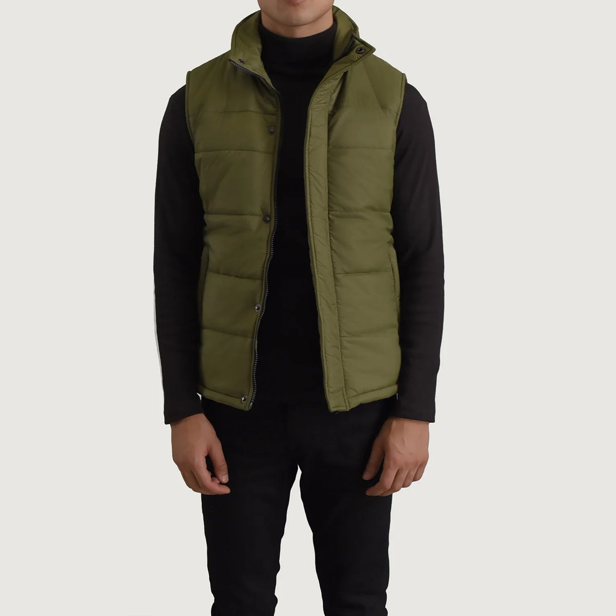 Bryan Green Puffer Vest in Green Full-Grain Leather - Front Profile View &amp; Tailored Silhouette | Buy Online