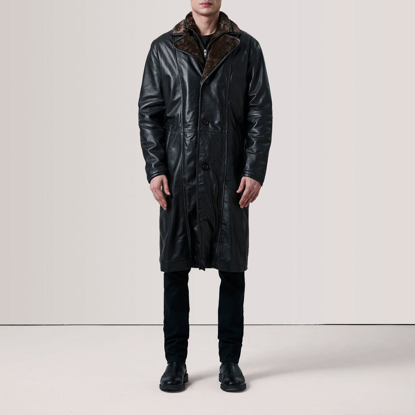 Cai Μαύρο Leather Shearling Coat Ανδρικό