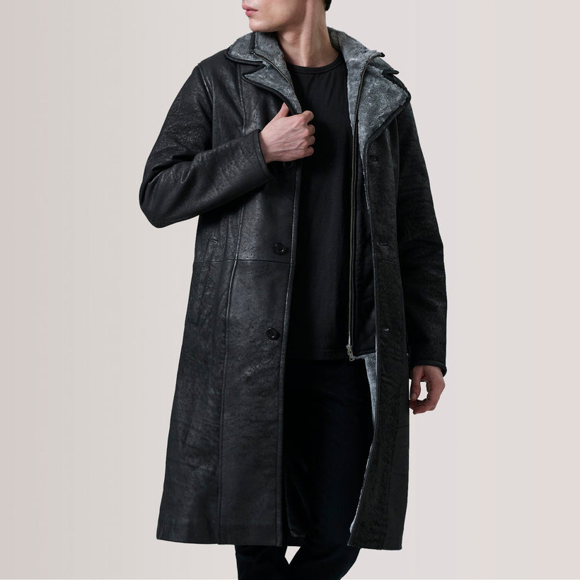 Cai Distressed Μαύρο Leather Shearling Coat Ανδρικό