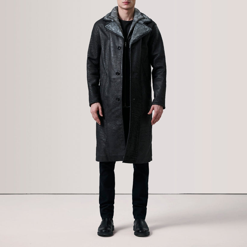 Cai Distressed Μαύρο Leather Shearling Coat Ανδρικό