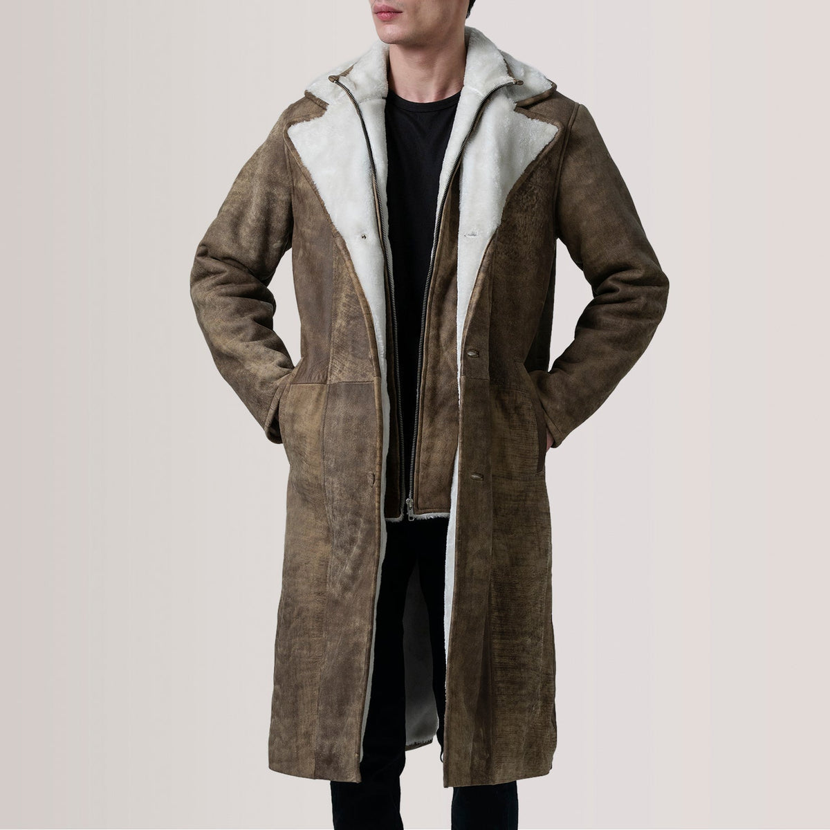 
Cai Distressed Καφέ Leather Shearling Δερμάτινο Παλτό Ανδρικό For Men in Distressed Brown Sheepskin Snuffed - Μπροστινή όψη & εφαρμοστή σιλουέτα | Αγορά online