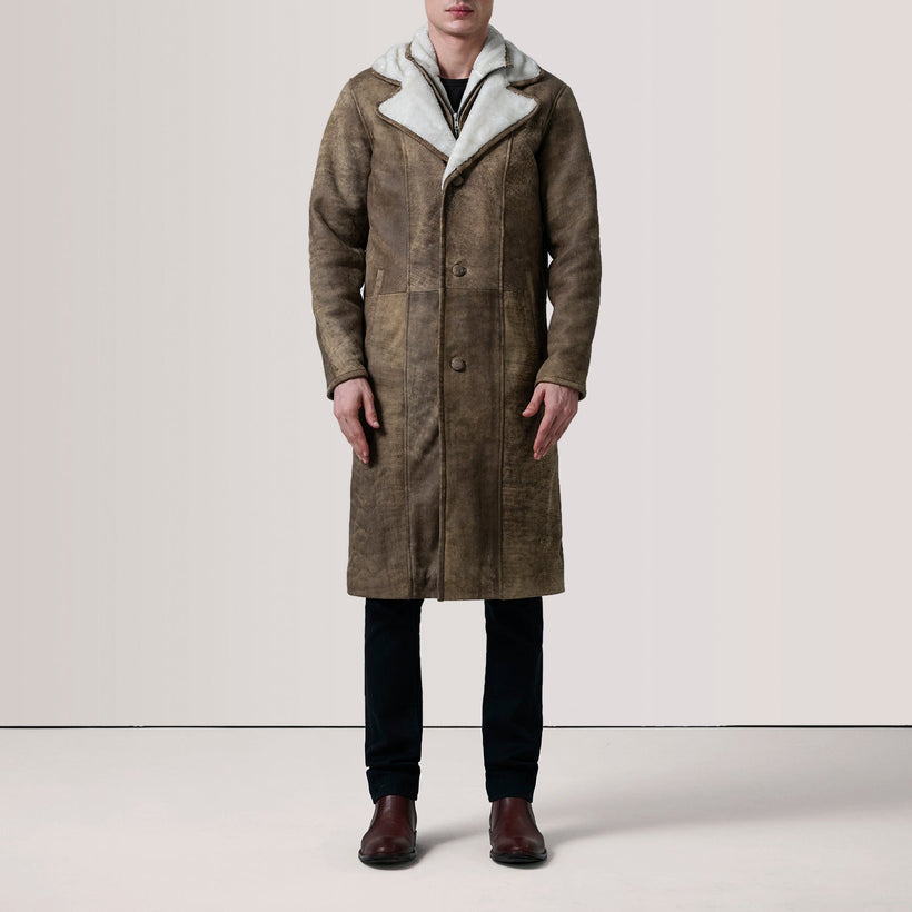 Cai Distressed Καφέ Leather Shearling Coat Ανδρικό