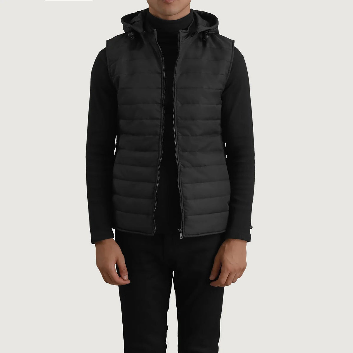 Carlo Black Hooded Puffer Vest in Black Full-Grain Leather - Front Profile View & Tailored Silhouette | Buy Online