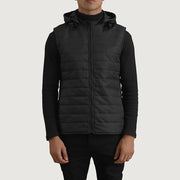Close-Up Detail of Classic Collar & Zipper Hardware on Carlo Black Hooded Puffer Vest