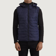 
Κοντινό πλάνο λεπτομέρειας of Classic Collar & Zipper Hardware on Carlo Μπλε Αμάνικο μπουφάν γιλέκο με κουκούλα Ανδρικό