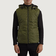 
Κοντινό πλάνο λεπτομέρειας of Classic Collar & Zipper Hardware on Carlo Χακί Αμάνικο μπουφάν γιλέκο με κουκούλα Ανδρικό