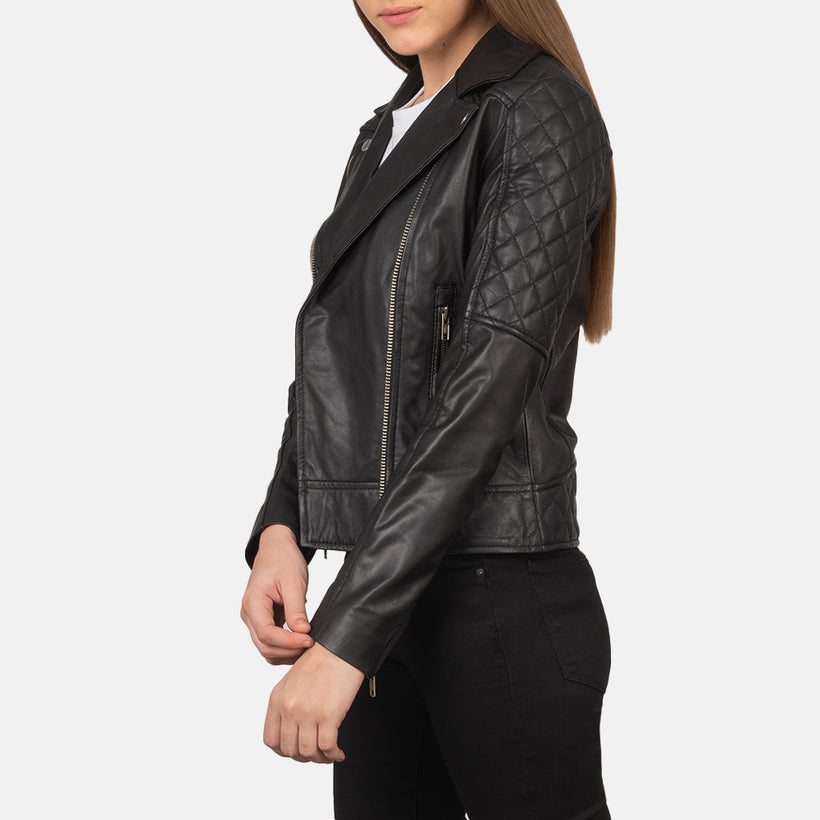 Carolyn Quilted Μαύρο Δερμάτινο Μπουφάν Biker Γυναικείο