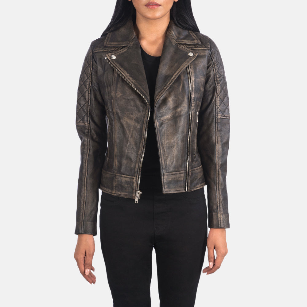 
Carolyn Quilted Distressed Brown Biker Jacket in Distressed Brown Goatskin Leather - Μπροστινή όψη & εφαρμοστή σιλουέτα | Αγορά online
