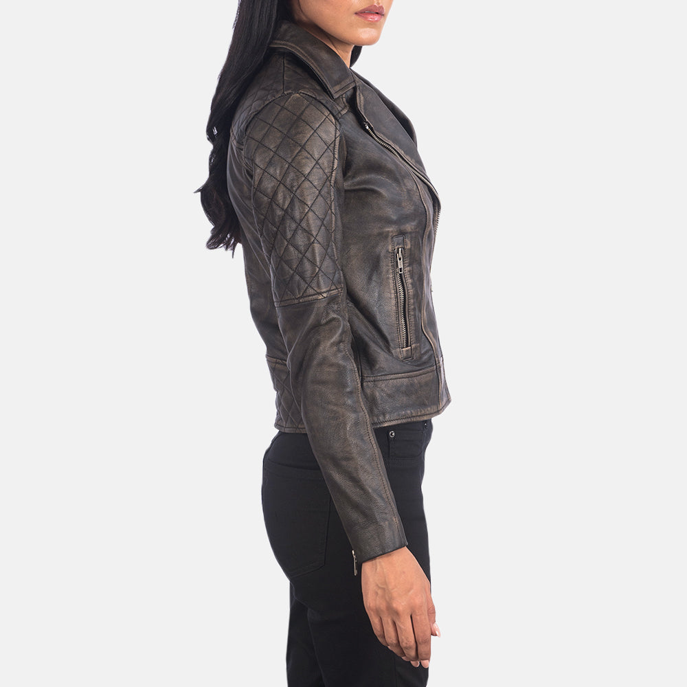 
Distressed Brown Goatskin Leather Biker Jacket - Πίσω όψη με εφαρμογή στους ώμους & καθαρό στρίφωμα