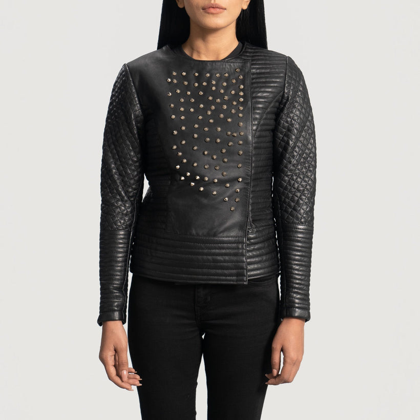 Celeste Studded Μαύρο Δερμάτινο Μπουφάν Γυναικείο