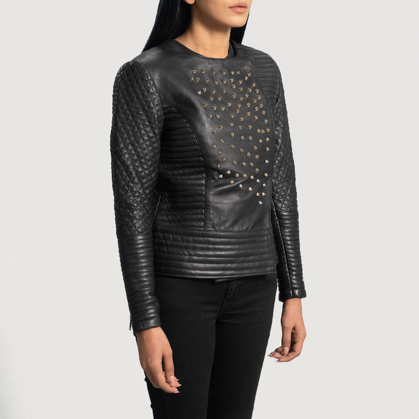 Celeste Studded Μαύρο Δερμάτινο Μπουφάν Γυναικείο