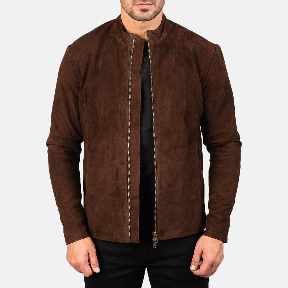 Men's Charcoal Mocha Suede Biker Jacket in Dark Brown Goatskin Suede - Front Profile View &amp; Tailored Silhouette | Buy Online