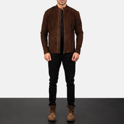 Men's Charcoal Mocha Suede Biker Jacket - Lateral Side Profile View Showing Sleeve Cut &amp; Athletic Taper Fit