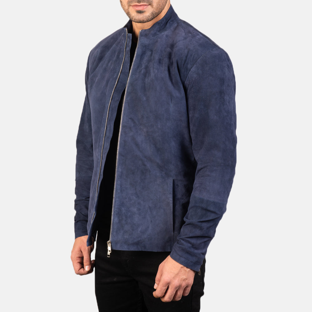 
Navy Blue Goatskin Suede Biker Jacket - Πίσω όψη με εφαρμογή στους ώμους & καθαρό στρίφωμα