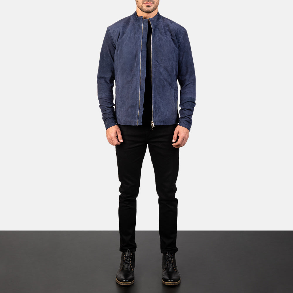 
Charcoal Navy Μπλε Suede Δερμάτινο Μπουφάν Biker Ανδρικό - Πλαϊνή όψη που αναδεικνύει το κόψιμο των μανικιών