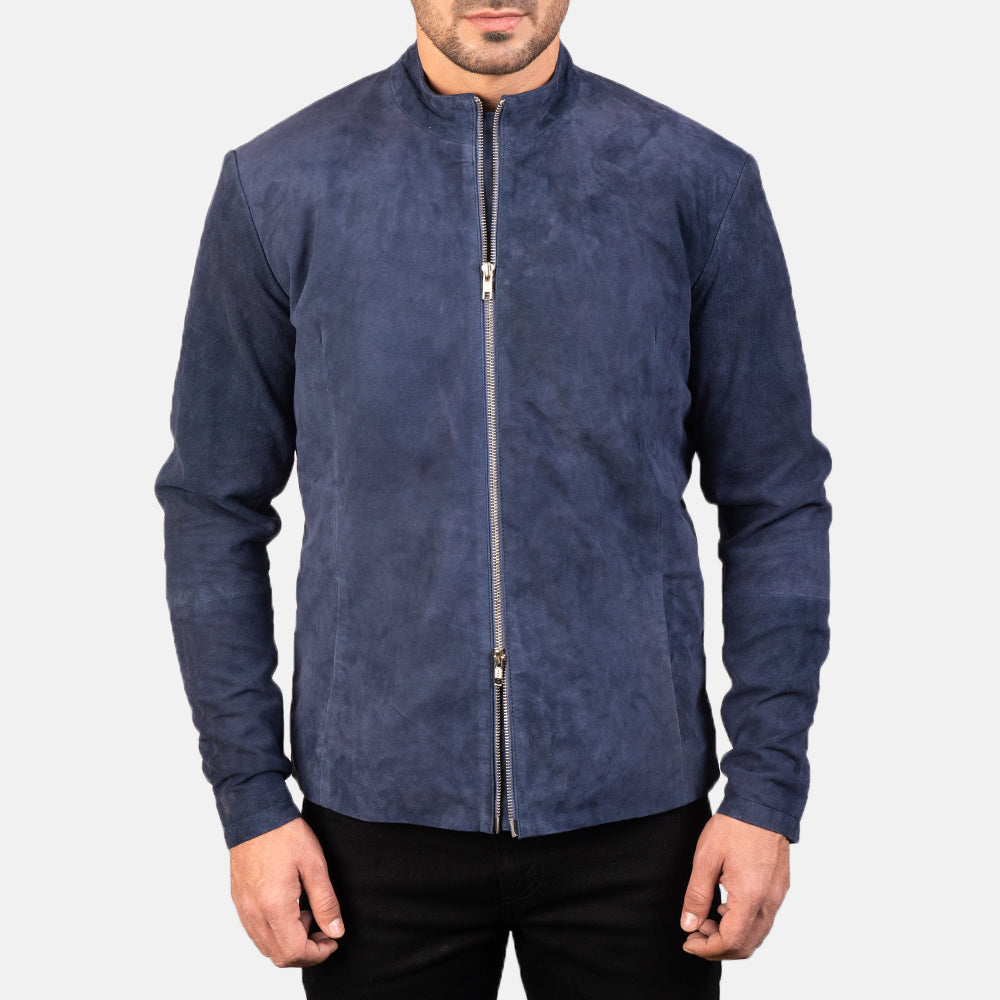 
Κοντινό πλάνο λεπτομέρειας of Mandarin & Zipper with Dual Puller Hardware on Charcoal Navy Μπλε Suede Δερμάτινο Μπουφάν Biker Ανδρικό