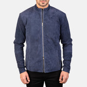 
Κοντινό πλάνο λεπτομέρειας of Mandarin & Zipper with Dual Puller Hardware on Charcoal Navy Μπλε Suede Δερμάτινο Μπουφάν Biker Ανδρικό