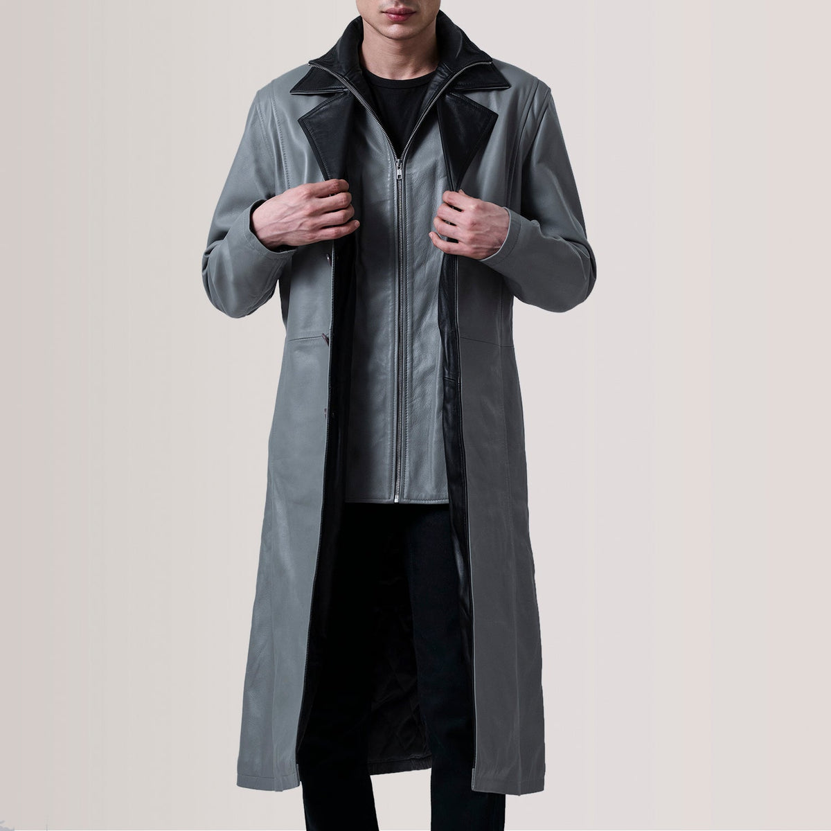 Charlton Grey Leather Single Breasted Coat For Men in Grey Sheepskin Leather - Front Profile View &amp; Tailored Silhouette | Buy Online
