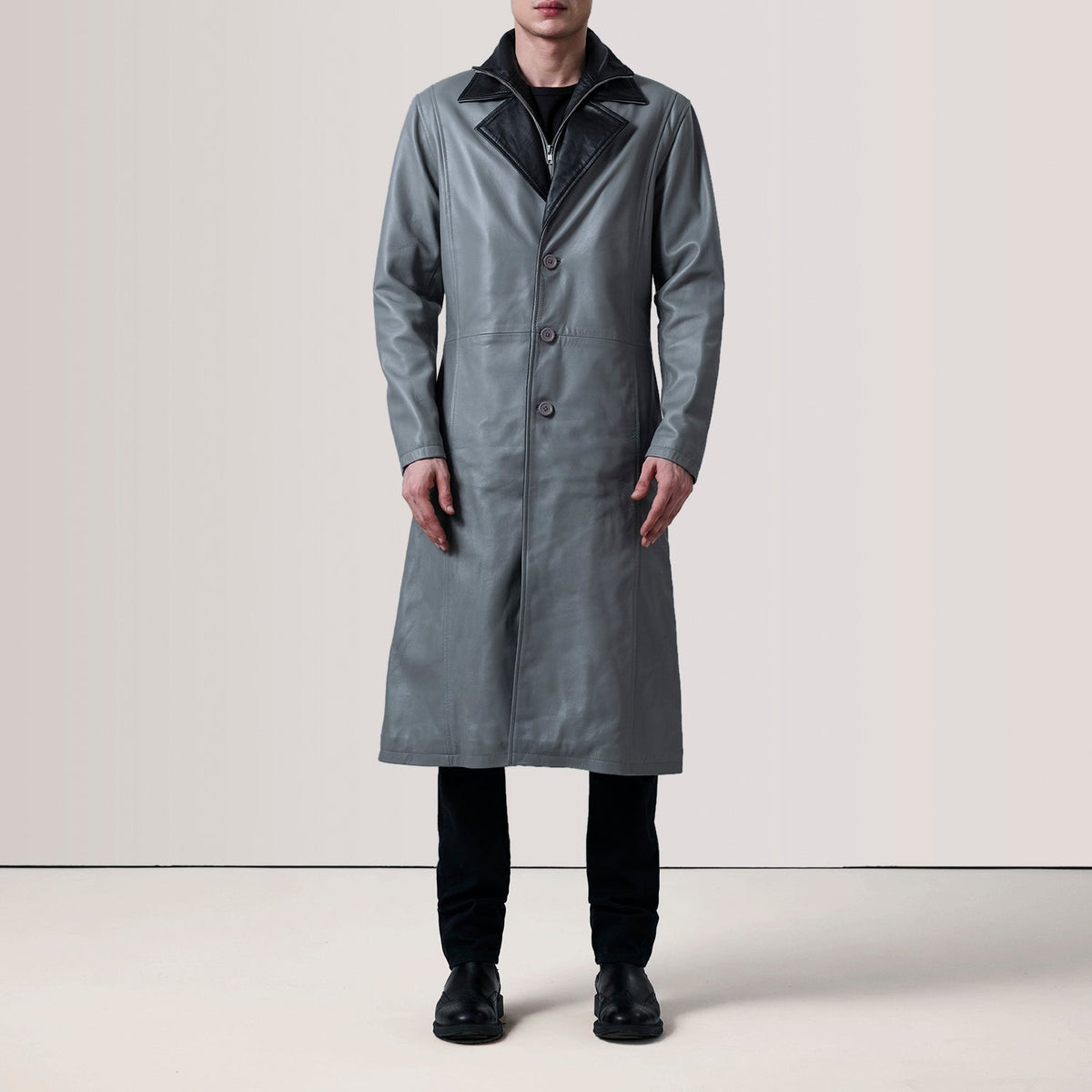 Grey Sheepskin leather Coat - Back View Showing Tailored Shoulder Fit &amp; Clean Hemline