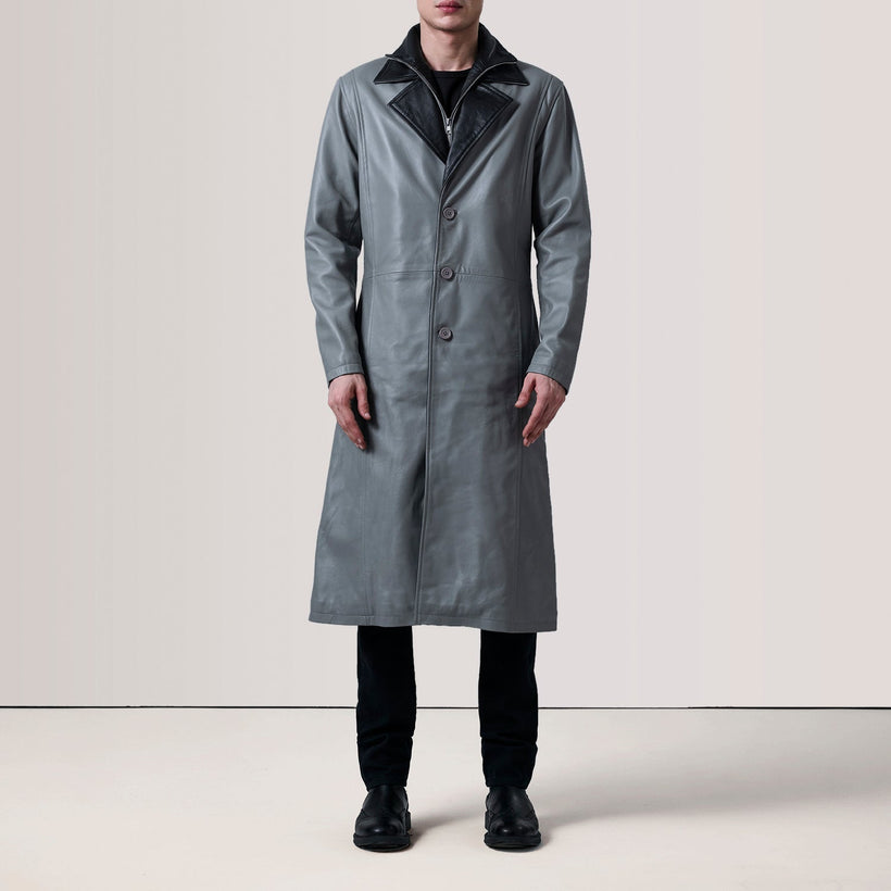 Charlton Grey Leather Single Breasted Coat Ανδρικό
