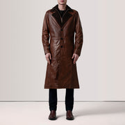 
Distressed Brown Sheepskin Burnished Leather Coat - Πίσω όψη με εφαρμογή στους ώμους & καθαρό στρίφωμα