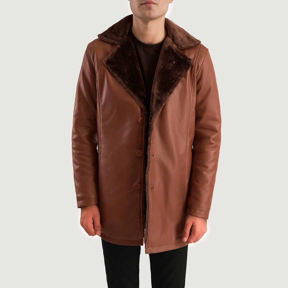 
Κοντινό πλάνο λεπτομέρειας of Shirt & Button Hardware on Cinnamon Καφέ Leather Fur Δερμάτινο Παλτό Ανδρικό