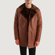 
Κοντινό πλάνο λεπτομέρειας of Shirt & Button Hardware on Cinnamon Καφέ Leather Fur Δερμάτινο Παλτό Ανδρικό
