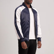 Blue &amp; White Satin Varsity Jacket - Back View Showing Tailored Shoulder Fit &amp; Clean Hemline